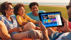 Familia viendo IPTV Latino en un dispositivo móvil mientras está de vacaciones en preguntas frecuentes IPTV