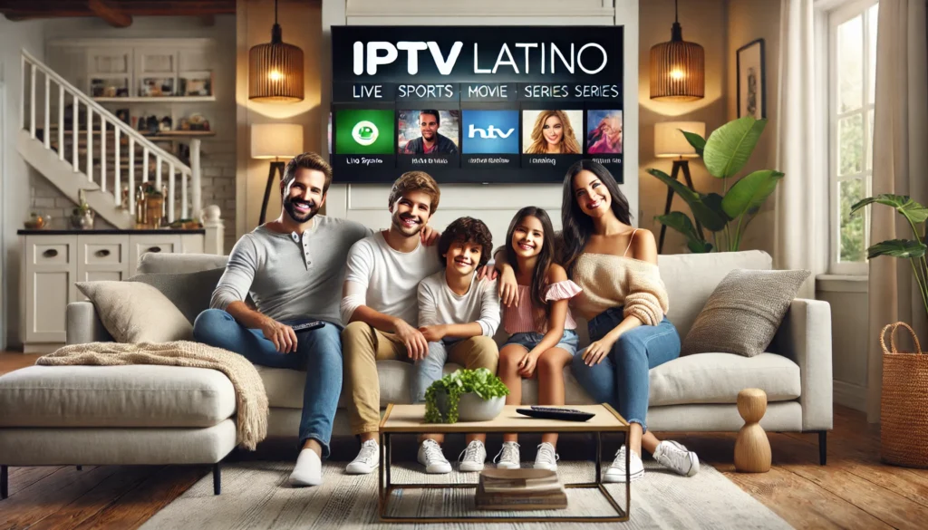 Familia disfrutando de pruebas IPTV con Tu Latino TV en una Smart TV, viendo deportes, películas y series en HD.