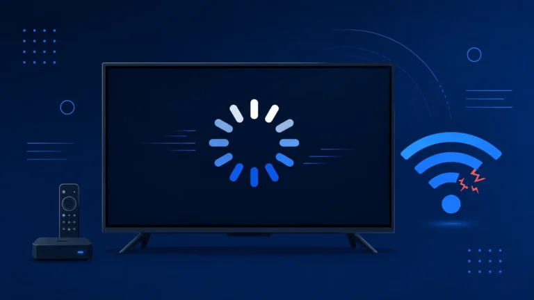 Smart TV mostrando pantalla de carga y señal WiFi interrumpida, ilustrando cuando Tu Latino TV se traba o repite
