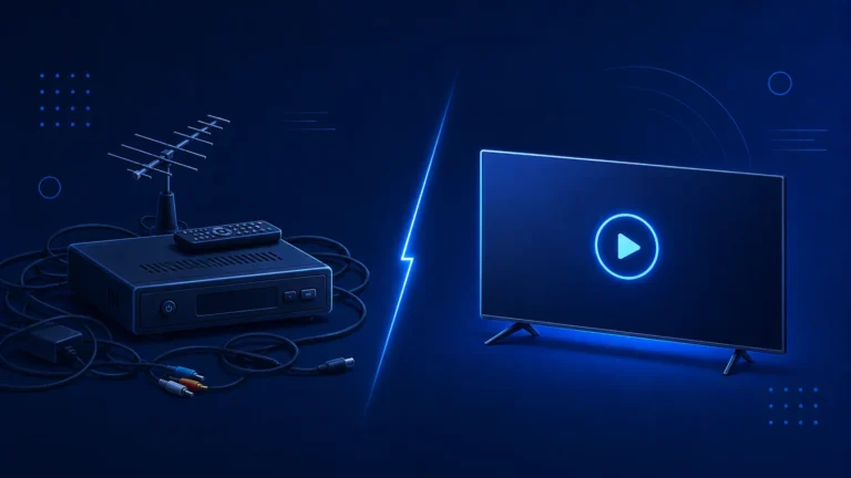 Comparación visual entre un decodificador de cable tradicional y una Smart TV con streaming, representando Tu Latino TV vs Spectrum